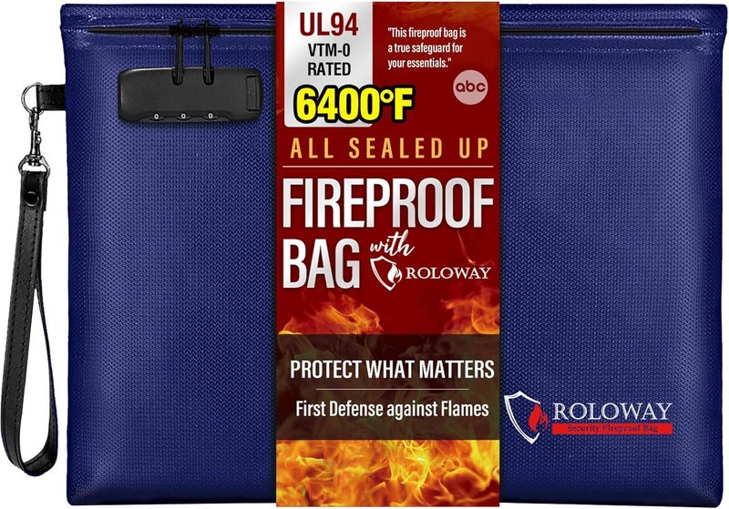 ROLOWAY Fireproof Document Bag (14.5 x 11.5 inch), 6400℉ Fireproof Money Bag with Zipper for Cash, Fire Safe Money Pouch with Lock (Blue) - Image 1